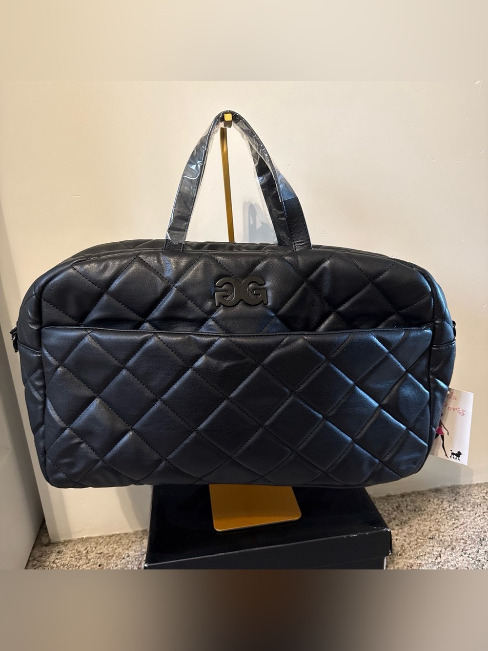 Black Quilted Leather Weekender Bag with Logo Accent